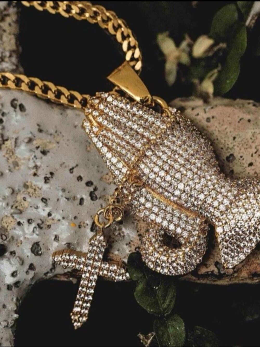 GLD Iced Praying Hands with Cross Pendant in Yellow Gold 18k Gold Plated CZ